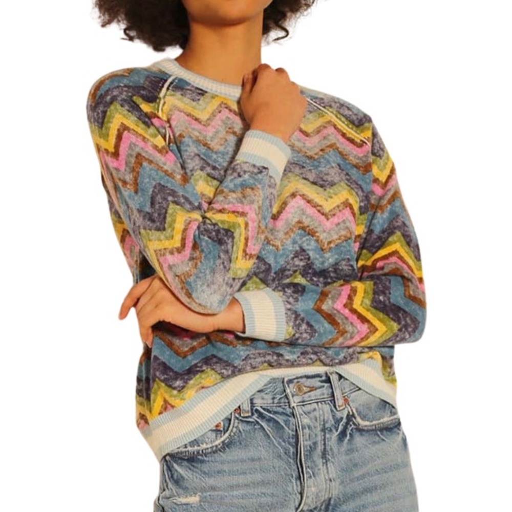 Minnie Rose Cotton Cashmere Reverse Printed V Neck Sweater